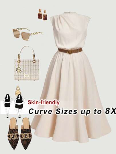 SHEIN CURVE+ 大码女式休闲无袖纯色束腰中长连衣裙，百搭日常穿着