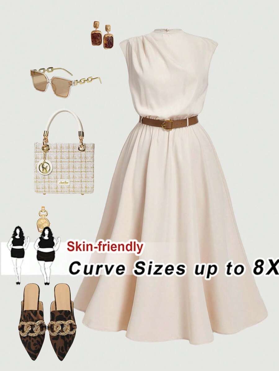 SHEIN CURVE+ 大码女式休闲无袖纯色束腰中长连衣裙，百搭日常穿着 - 杏色 - 查看 1