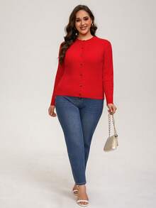 INAWLY Plus Size Women Cable Knit Cardigan, Casual Everyday Commute Wear, Minimalist Solid Color, Autumn - Red - View 5