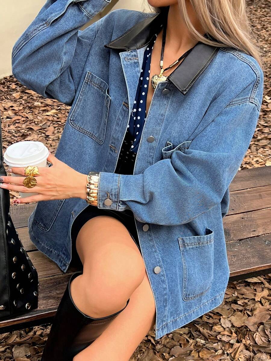 DAZY 女式休闲街头风格纽扣长袖牛仔夹克 - 藍色 - 查看 1