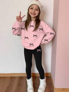 SHEIN Leap Crew 两件套少女休闲简约甜美蝴蝶结图案加厚柔软宽松圆领长袖卫衣和打底裤，适合秋冬季日常穿着，舒适保暖，充满圣诞氛围，秋冬穿搭，轻松舒适，秋冬叠穿，时尚童装，休闲服饰，儿童图案服装，秋冬服装，别致秋季，秋季新款 - 彩色 - 查看 4