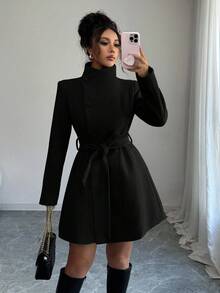 Elenzga 女士立领单排扣收腰中长款大衣 - 黑色 - 查看 1