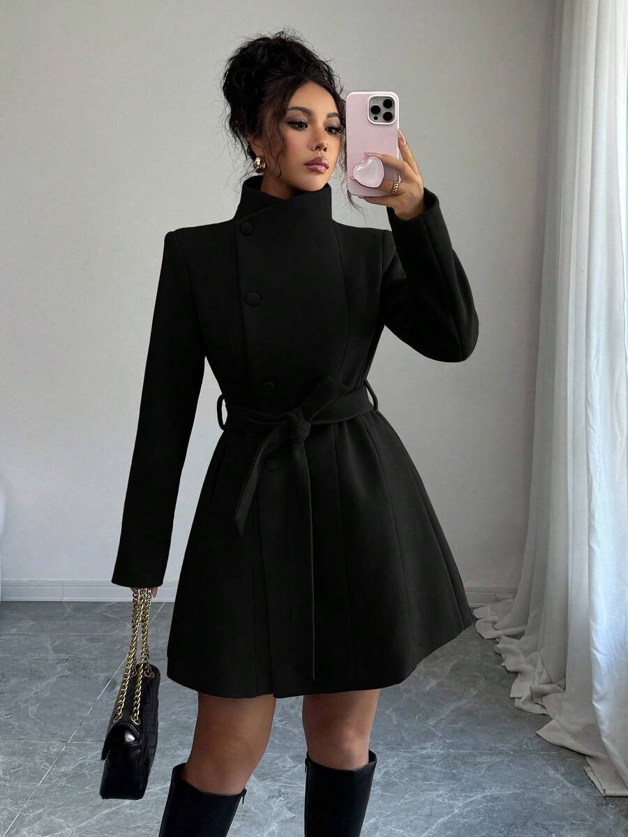 Elenzga 女士立领单排扣收腰中长款大衣 - 黑色 - 查看 1