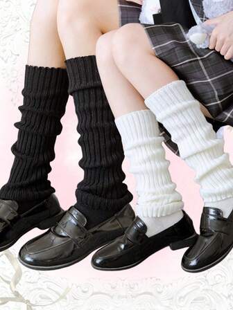 Kawaii 2pcs Women Solid Ribbed Leg Warmers