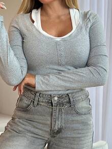 Cioccolato Vintage amerikanischer Stil Farbblock Langarm T-Shirt, lässiges schlank geschnittenes Top, Herbst