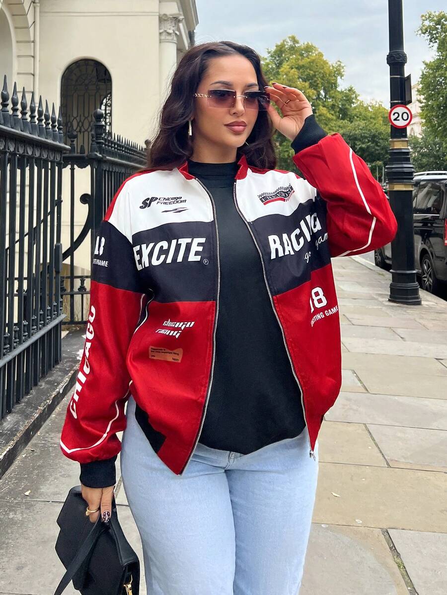 NegzBox Letter Pattern Contrast Color Drop Shoulder Bomber Jacket For New Year Clothes Fall Winter Cloth For Women - Red - View 1