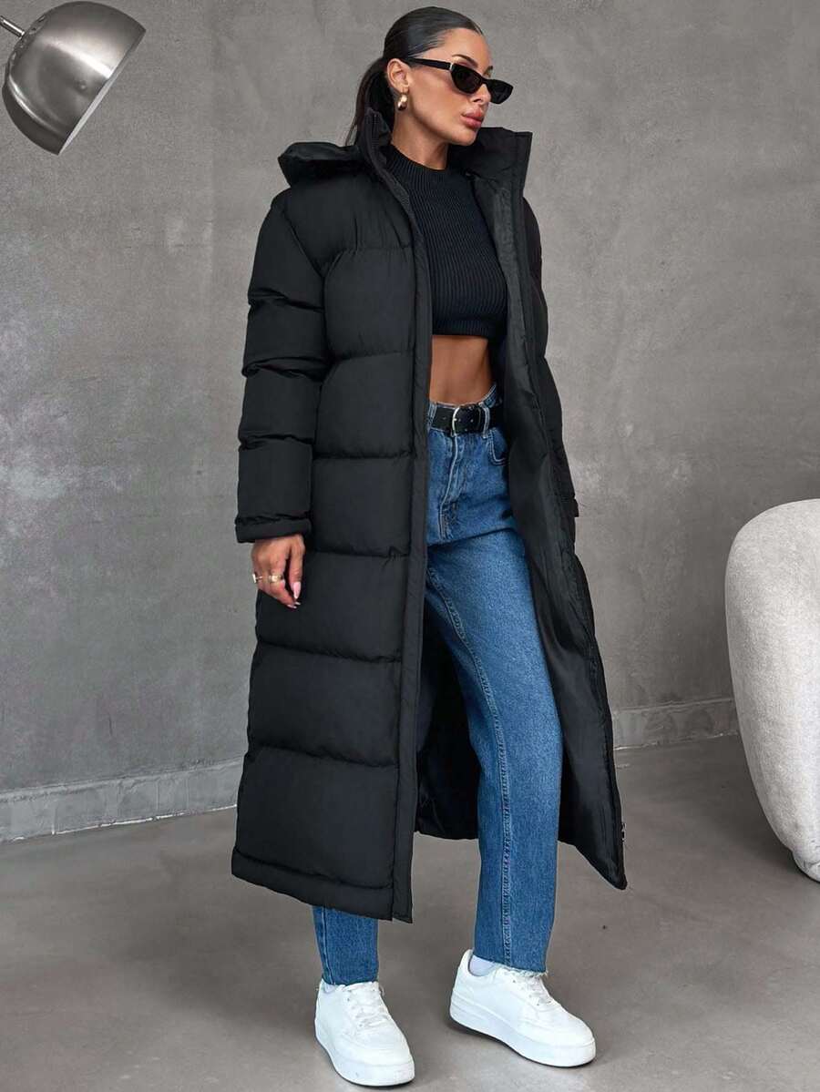 EURMUSE 女士保暖加大码二合一防水连帽长款冬季外套 - 黑色 - 查看 1