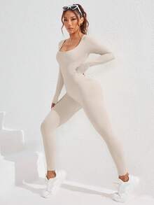 Seamluxe SHEIN Sport Bộ đồ liền thân cổ vuông dài tay màu trơn có gân dành cho nữ - Màu Khaki - Xem 6