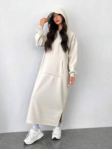 SHEIN EZwear Robe en tricot à capuche avec manches longues et épaules tombantes, cordon de serrage et poches, couleur abricot, vêtements d'automne et d'hiver pour femmes, robe à capuche, robe oversize, robe Sweat-shirt, Sweat-shirt oversize pour femmes, vêtements d'automne pour femmes - Nude - Voir 6