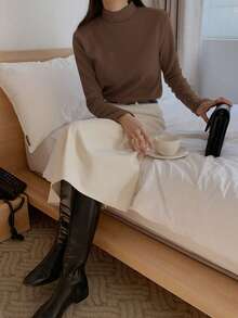 DAZY Women's Solid Color Stand Collar Long Sleeve Loose Casual T-Shirt, Autumn Turtleneck Women