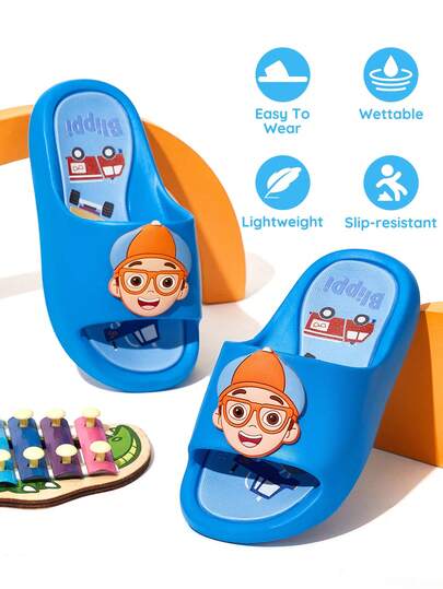 Blippi X SHEIN Cute Cartoon Pattern Blue Boys' And Children's Slippers, Quick-Drying, Lightweight And Durable EVA Material, Unisex, Suitable For Indoor And Outdoor Wear At Home, Bathroom, Playground, Swimming Pool, Beach, Etc.