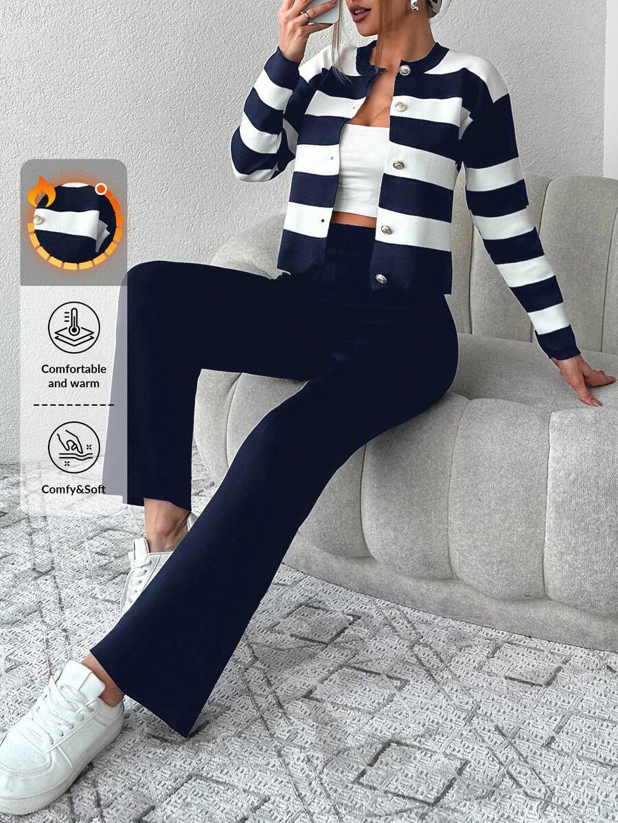 EURMUSE Women'S Color Block Striped Sweater And Monochrome Pants Two-Piece Set - Blue - View 1