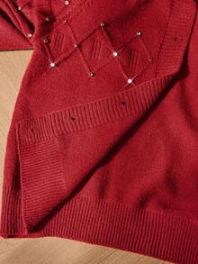 Revavyn 水钻装饰彩色圆领毛衣和中长裙两件套，优雅女士派对装，秋冬、圣诞节、新年 - 紅色 - 查看 8