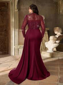 Aureia Plus Size Burgundy Spring Elegant Formal Party Dress, High Collar Pearl Patchwork Satin Long Sleeve Sheer Waist Pleated Mermaid Hem Formal - Burgundy - View 2