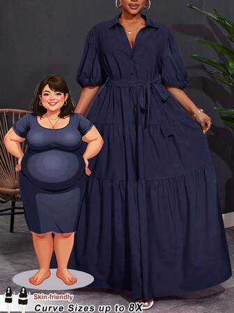 SHEIN CURVE+ 2025 大码女式纯色短袖春季 A 字褶饰拼接长裙，曲线加大，Hoho 度假