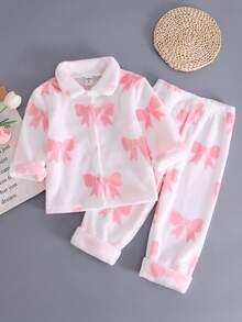 SHEIN 两件套女童可爱白色蝴蝶结法兰绒睡衣套装，舒适保暖的加绒长袖上衣和裤子 - 彩色 - 查看 4
