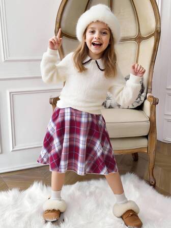 PrepCrw 2pcs Tween Girls Elegant School Style Casual Urban White Ribbed Collar Long Sleeve Sweatshirt And Red Plaid Mini Skirt Set, Suitable For Outings, Gatherings, Back To School, Autumn/Winter Cute School Clothes School Girl Outfit Teen Girls Sets Teenager School Clothes Plaid Skirt Outfits Preppy Girl Outfits,Winter Clothes ,Winter Clothes For Kid,Fall Outfits,Fall Clothes For Kids,Holiday