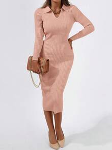 Cloudara Solid Ribbed Knit Sweater Dress - Dusty Pink - View 7