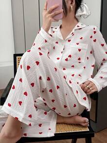 SHEIN Women's Bubble Crinkle Heart Print Loungewear Set, Suitable For Indoor And Outdoor Wear Soft Pajamas Set Heart Pajama Set, Fall & Winter Clothes - Red - View 3