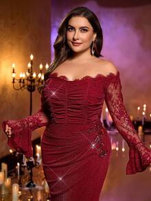 Glamrae Plus Size Elegant Sexy Red Off-The-Shoulder Lace Trim Long Sleeves Sheer Lace Patchwork Ruffle Waist Mermaid Hem Suitable For Wedding Party Celebration Formal Event Dinner Dress (Heavy Embellished Design)