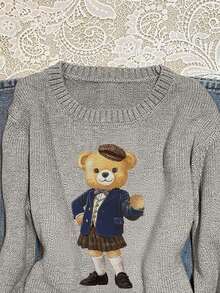 Attitoon Pulover cu mânecă lungă și guler rotund pentru femei, model de ursuleți de desene animate, potrivit pentru toamnă/iarnă - Gri - Vizualizare 3