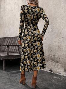 SHEIN LUNE 女式花卉印花圆领长袖休闲中长连衣裙 - 黑色 - 查看 4