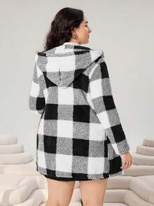 Solflare Black And White Plus Size Women Casual Zip-Up Hoodie,Winter Autumn Elegant Hiking Clothes,Curve Cardigan Keep Warm For Party Formal Teacher,Date - Black and White - View 3