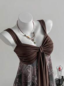 SHEIN Unity Casual French Style Mesh Floral Print Slit Hem Ruched Sexy Tie-Up Design Sleeveless Top, Summer Beach Vacation - Coffee Brown - View 4