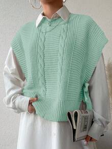 EURMUSE Women Casual Versatile Solid Color Side Slit Tie Front Knit Vest - Mint Green - View 5