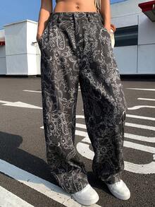 Livesso Autumn/Winter Fashion Floral All-Over Print Loose Casual Straight Leg Pants, For Women - Dark Grey - View 3