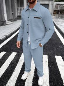 Manfinity Homme Men's Pocket Corduroy Shirt & Elasticated Waistband Pants Casual Suit Men 2 Pieces Leisure Suits Dusty Blue Suits For Men Baby Blue Men Outfit Men Dressy Set, For Winter - Baby Blue - View 5