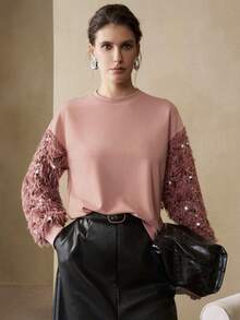 Arave Women's Imitation Rabbit Fur Beads Off The Shoulder Long Sleeve Thread Modern Party Round Neck Sweatshirt - Pink - View 1