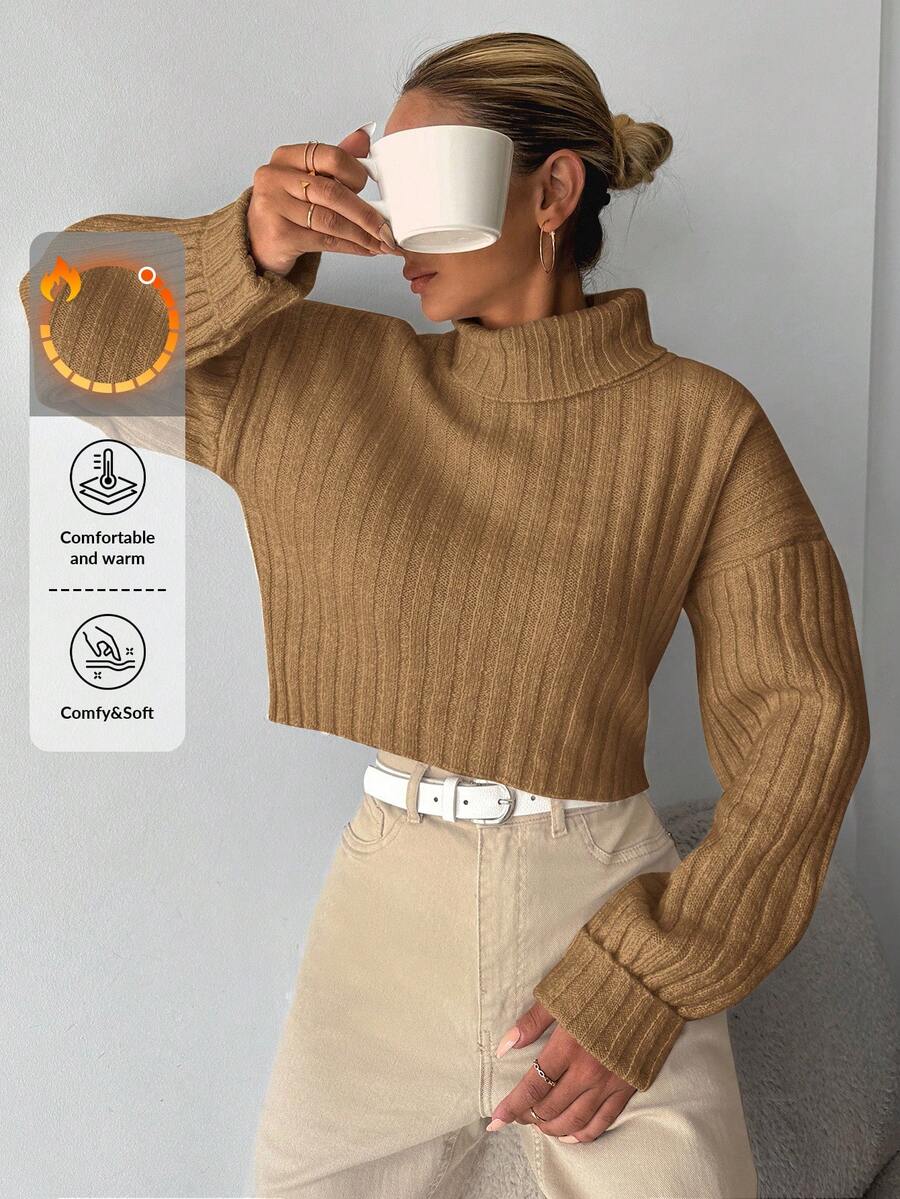 EURMUSE Turtleneck Drop Shoulder Ribbed Knit Sweater - Brown - View 1