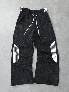ROMWE MEN Street Life 男士休闲抽绳腰裤，复古做旧纹理设计，侧条纹装饰，舒适休闲运动 - 黑色 - 查看 1