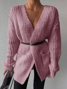 SHEIN Solid Color Pocket Long Sleeve Cardigan - Dusty Pink - View 4