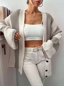 SHEIN Cárdigan Para Mujer Con Mangas De Murciélago En Bloques De Color Y Sin Cinturón - Marrón Mocha - Ver 3