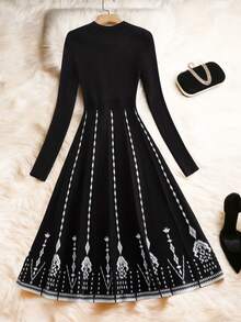 Franclia 女式秋季人造珍珠装饰几何图案长袖连衣裙 - 黑色 - 查看 2