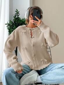 Ribbon Trim Cardigan, Cute Casual Daily Wear - Beige - View 4