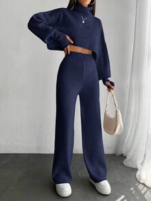 EURMUSE 2pcs Women Plain High Collar Long Sleeve Top And Pants Set - Navy Blue - View 3