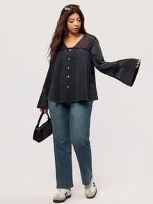 Elaquor Plus Size Women Spring/Autumn Casual Vacation Style Solid Color Patchwork Lace Flare Sleeve Button Decor Loose Blouse - Black - View 3