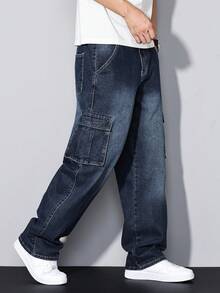 Manfinity Homme 男士工装口袋阔腿宽松休闲牛仔裤 - 藍色 - 查看 7