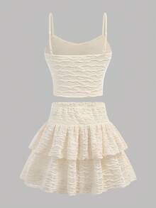 Girlism Tween Girls Spring/Summer T-Shirt Co-Ords - Apricot Jacquard Knit Cami Top With Ruffle Hem And A-Line Cake Skirt With Shorts