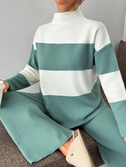 EURMUSE Relaxed Fit Color Block Striped Knit Cardigan With Drop Shoulders Color Block Knit Lounge Set, Mock Neck Long Sleeve Sweater And Wide Leg Pants For Cozy Minimalist Autumn Winter Look