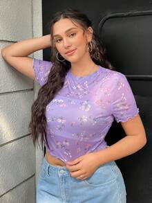 GalTyme Plus Size Women's Summer Vacation Mesh Sheer Purple Floral Pattern Ruffle Hem Fitted Short Sleeve T-Shirt - Multicolor - View 3