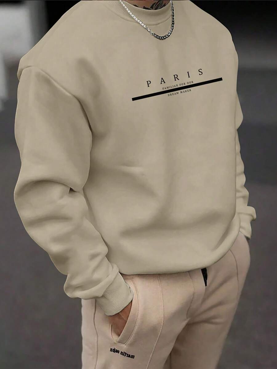 Manfinity Homme 男士字母印花圆领休闲百搭保暖长袖套头卫衣 - 卡其色 - 查看 1