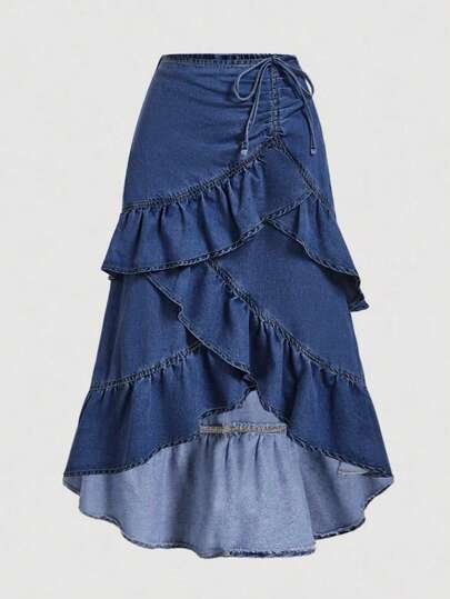 SHEIN MOD Plus Size Casual Asymmetric Ruffled Hem Drawstring Detail Denim A-Line Skirt Denim Ruffle Skirt Tiered Ruffle Skirt Layered Denim Skirt Dark Blue Denim Skirt Asymmetrical Ruffle Skirt,Fall Clothes For Women