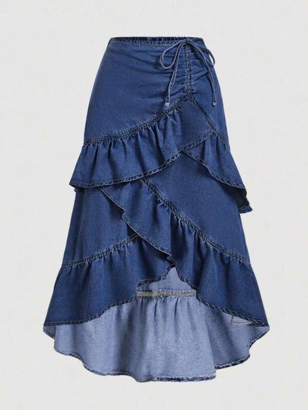 SHEIN MOD Plus Size Casual Asymmetric Ruffled Hem Drawstring Detail Denim A-Line Skirt Denim Ruffle Skirt Tiered Ruffle Skirt Layered Denim Skirt Dark Blue Denim Skirt Asymmetrical Ruffle Skirt,Fall Clothes For Women