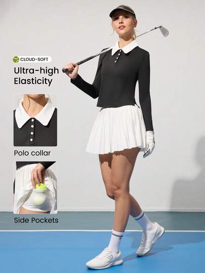 CourtClass 2pcs Women's Golf Outfit - Contrast Color Polo Neck Long Sleeve Top And Pleated Skirt