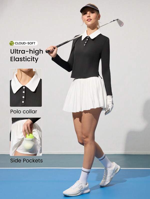 CourtClass 2 pièces Tenue de golf pour femmes - Top à col polo bicolore à manches longues et jupe plissée