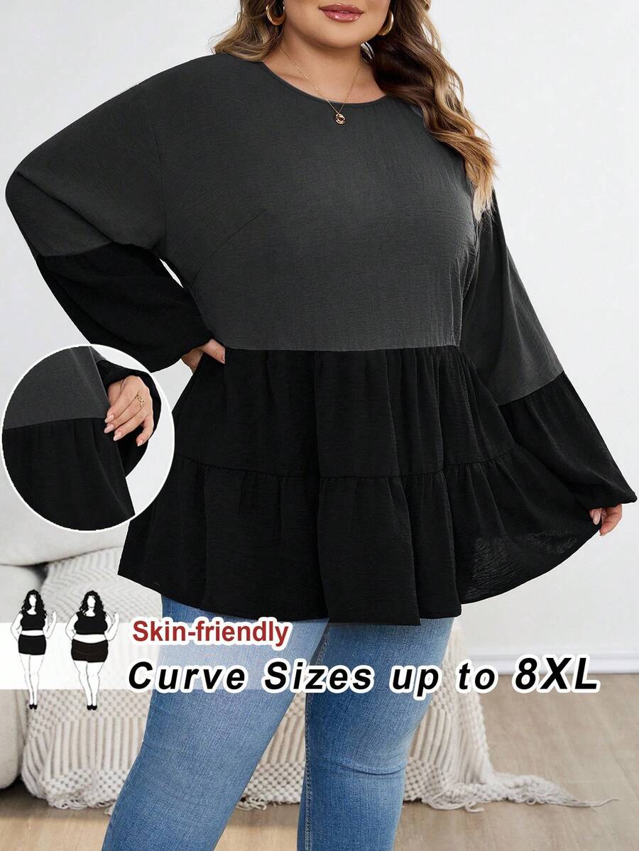 SHEIN CURVE+ 大码女式宽松休闲衬衫,圆领,落肩,长袖,荷叶边下摆/秋冬 - 彩色 - 查看 1